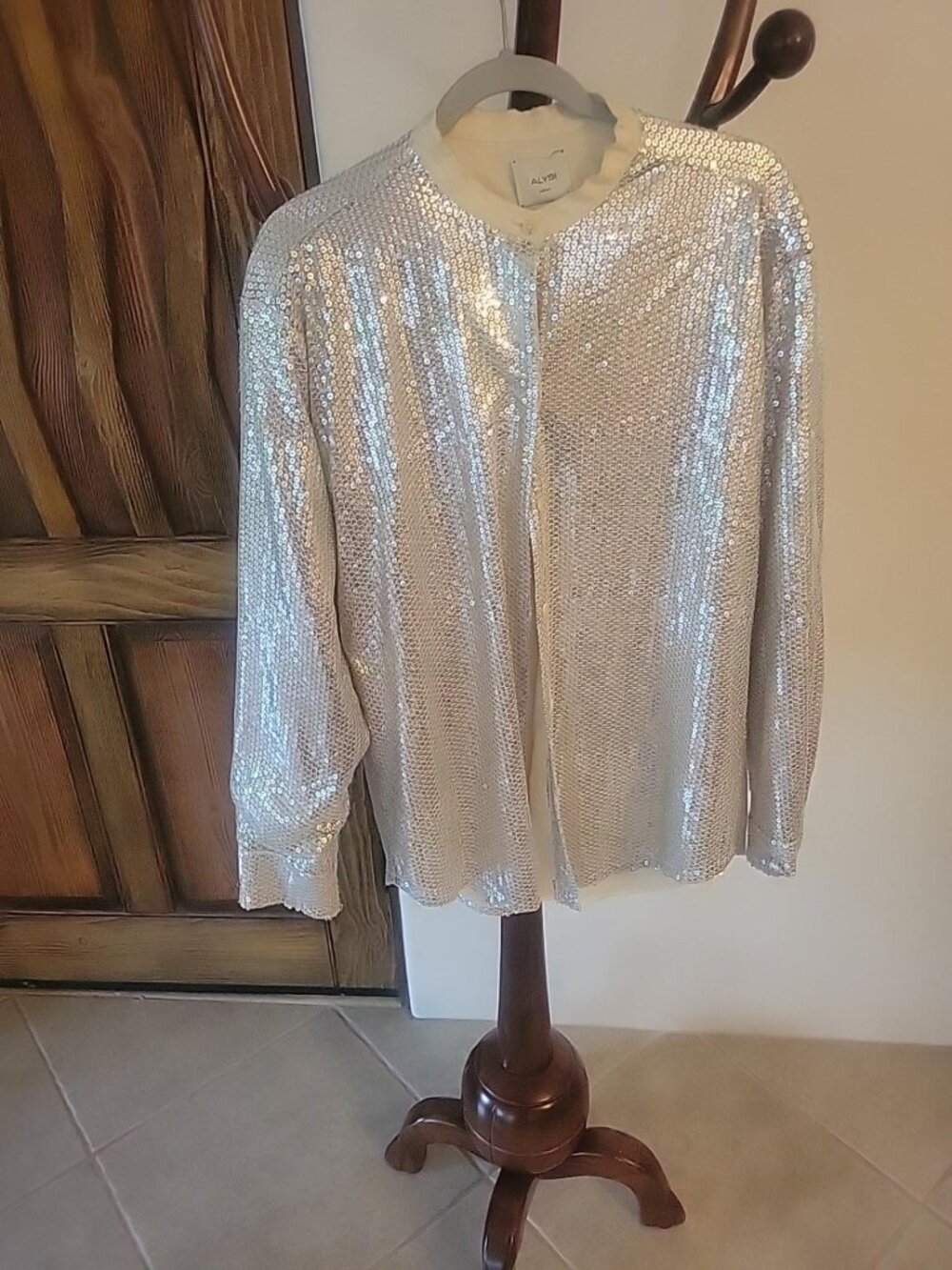 ALYSI Silver Sequin Blouse Top US 8 IT 44 Long Sleeve Party Evening